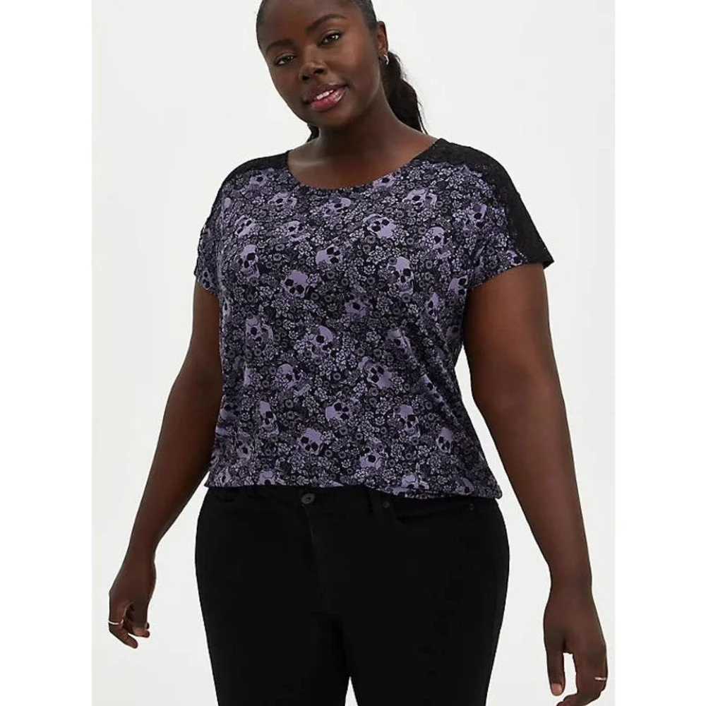 NWT Torrid Lace Dolman Super Soft Black Skull Shirt Top Plus Multi Size - Picture 2 of 5